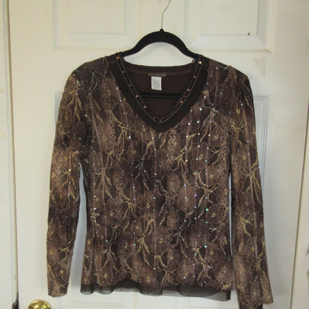 V Neck Long Sleeve Double Layer Brown Lace,knit top Size 38 ( small us) by VEX